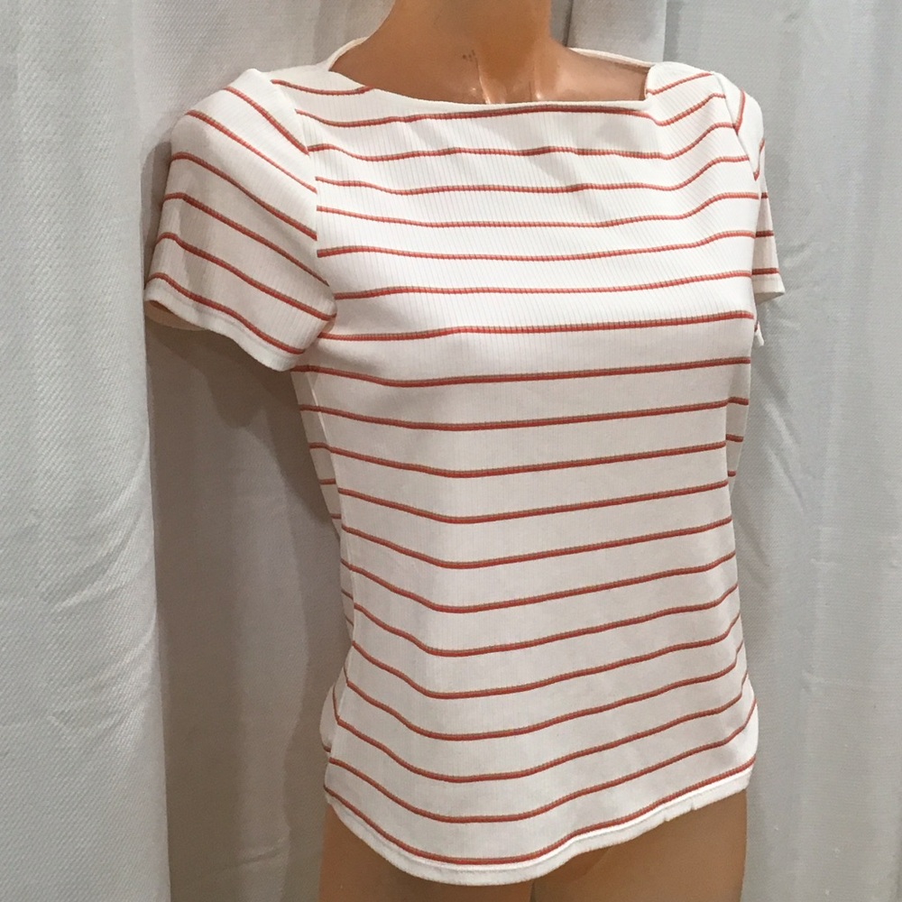 Liverpool Women's Red and White Striped Short Sleeve Top